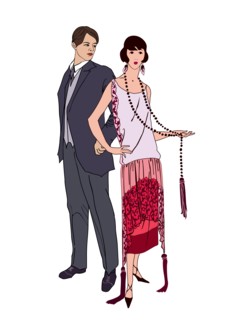 Couple on party. Man and woman in cocktail dress in vintage style 1920's. Portrait of an attractive flapper girl with her boyfriend. Retro fashion vec