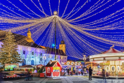 Sibiu, Romania.  Christmas Market at twilight. Transylvania, Romania.