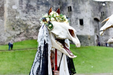 CHEPSTOW, UK. 20 January 2018. Sue Exton from Monmouth. Chepstow Wassail and Mari Lwyd (the Grey Mare) celebrations. It’s a pre-Christian Welsh folk tradition that is said to bring good fortune. © Jes...