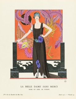 La Belle Dame Sans Merci.  A Beautiful, Merciless Woman. Robe du Soir, de Worth.  Evening dress by Worth.  Art-deco fashion illustration by French artist George Barbier, 1882-1932.  The work was creat...