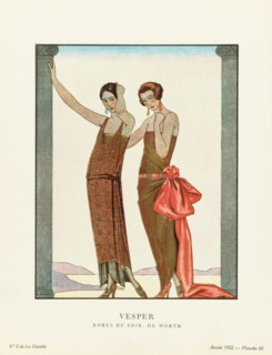 Vesper.  Evening. Robes du Soir, de Worth.  Evening dresses by Worth.  Art-deco fashion illustration by French artist Georges Barbier, 1882-1932.  The work was created for the Gazette du Bon Ton, a Pa...
