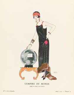 L‘Empire du Monde.  The Empire of the World.  Robe du Soir, de Worth.  Evening dress by Worth.  Art-deco fashion illustration by French artist George Barbier, 1882-1932.  The work was created for the ...