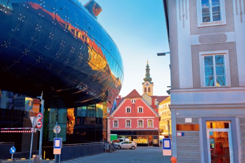 Graz cityscape modern and historic architecture street view, Styria region of Austria