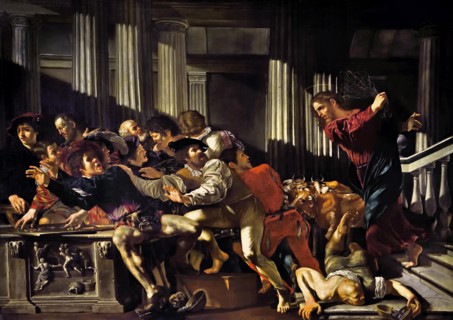 Christ Driving the Merchants from the Temple 1610 by Fransco Boneri. gen, Cecco de Caravaggio,  Italian, Italy, ( Caravaggists, Style of Caravaggio)