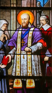 Stained Glass in the Church of Saint Severin, Latin Quarter, Paris, France, depicting Saint Francois de Sales, bishop of Geneva.