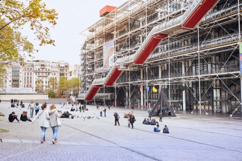 PARIS, FRANCE - October 24, 2017 : Facade of the Centre of Georges Pompidou - modern Art museum, was designed in style of high-tech architecture