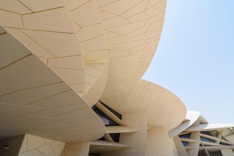 Detail of the desert rose inspired architectural landmark of the National Museum of Qatar, Doha, Qatar