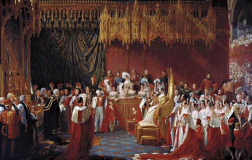 Painting of the Coronation of Queen Victoria of England. The Coronation of Queen Victoria in Westminster Abbey, 28 June 1838 by Sir George Hayter, oil on canvas, 1839