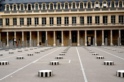 Paris, France - June 19, 2020: Cour d'Honneur in Palais Royal  in Paris, France : Famous Black and white Buren Columns