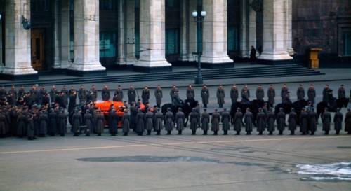 Funeral of Joseph Stalin, caught on camera by US assistant army attaché Major Martin Manhoff from the embassy balcony - Stalin's casket on howitzer carriage draught by horses. 9 March 1953