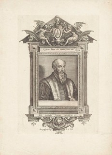 Portrait of Michel de l'Hospital. The portrait is caught in the architectural picture frame of an aedicula. At the top of the coat of arms of the portrayed, flanked by two angels. In the context of a ...