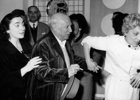 Artist Pablo Picasso with Mademoiselle Ramier and his wife Jacqueline Roque at his gallery exhibition
