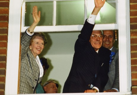 Margaret Thatcher PM and husband Denis Thatcher celebrate after winning 1987 General Election, 10 Downing Street, London, Friday 12th June 1987.
