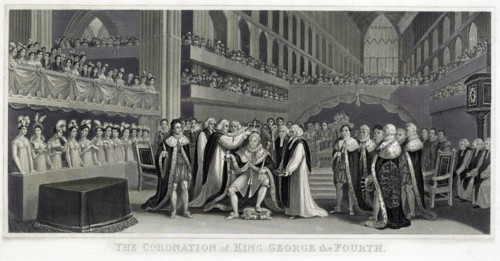 The coronation of King George IV of England in 1820; engraved by J. Chapman from a painting by J. Fussell.