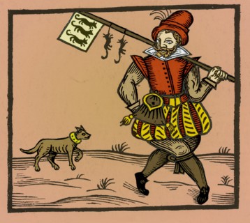 A rat catcher with flag, ensign of his trade. Keeping the rat population under control was practiced in Europe to prevent the spread of diseases to man, most notoriously the Black Plague and to preven...