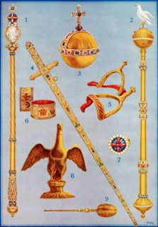 The Crown Jewels.  1. The King's Sceptre with the Cross. 2. The Sceptre with Dove. 3. The King's Orb. 4. The Jewelled Sword of State. 5. The Golden Spurs of St. George. 6. The Bracelets. 7. The Corona...