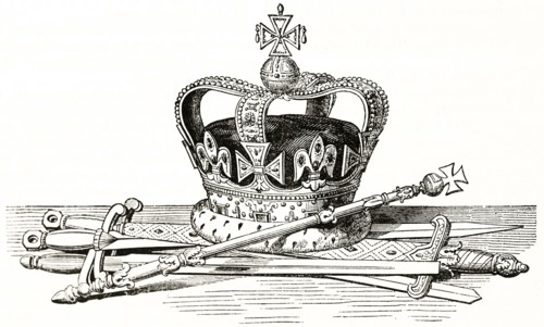 Old illustration of Saint Edward's crown. By unidentified author, published on Magasin Pittoresque, Paris, 1838