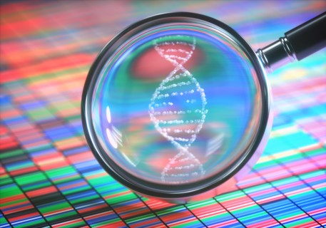 3D illustration. DNA Sanger Sequencing and a Magnifying Glass Showing the DNA Helix.
