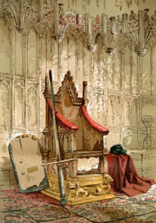 The Coronation Chair, Westminster Abbey, City of Westminster, London, England. Here seen with the Stone of Scone which was returned to Scotland in 1996.  From Old England: A Pictorial Museum, publishe...
