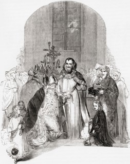Coronation of Henry IV, 13 October 1399.  Henry IV, 1367 - 1413, aka Henry of Bolingbroke. King of England and Lord of Ireland.  From Old England: A Pictorial Museum, published 1847.