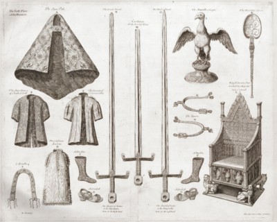 . English: The first plate of the regalia of the British Crown: the open pall, the supertunica of gold cloth, the surcoat of crimson satin, an armilla, the colobium sindonis, a buskin, a sandall, the ...