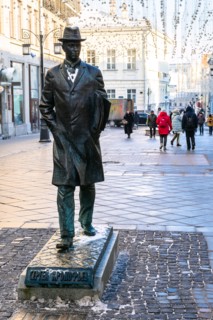 MOSCOW, RUSSIA - JANUARY 24, 2019: Monument to Russian Soviet composer, pianist and conductor Sergei Prokofiev at Kamergersky Lane in Moscow. Statue w