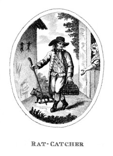 A rat-catcher and his dog; to the right a woman looks on. A rat-catcher is a person who practices rat-catching as a professional form of pest control. Keeping the rat population under control was prac...
