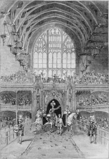 Engraving of the coronation of George IV in Westminster Hall, London, England, from the book 'Old and new London: a narrative of its history, its people, and its places' by Thornbury Walter, 1873. Cou...