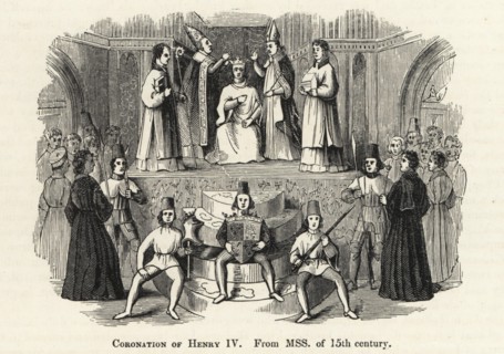 The coronation of King Henry IV (1367-1413) of England, 1399. The king is crowned by bishops in Westminster Abbey, while pages hold his coat of arms, helm and sword. Woodcut after an illuminated manus...