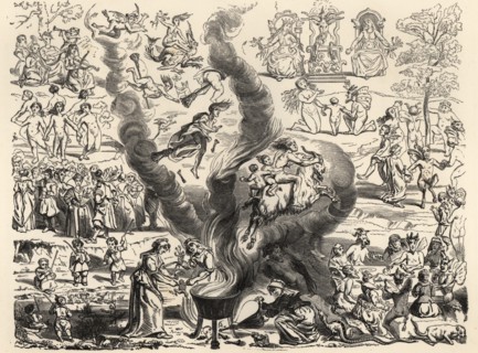 The Witches’ Sabbath based on reports from the Tribunal of Arras, 1460. Naked witches riding brooms and goats, dancing with fauns, holding snakes, playing music, boiling frogs and snakes in a cauldron...