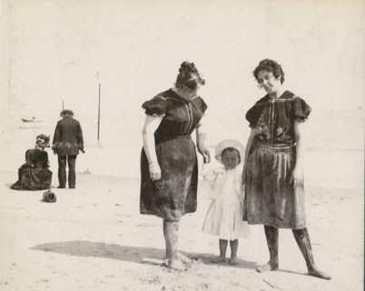 Antique 1898 photograph, Victorian mother and aunt with boy in sailor outfit at Manhattan Beach, Brooklyn, New York. SOURCE: ORIGINAL PHOTOGRAPH