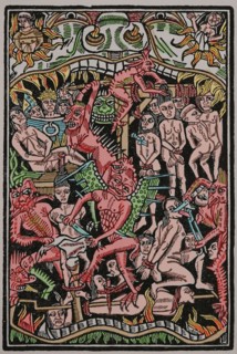 Medieval representation. Hell. Torments of sinners. Engraving.  Later colouration.