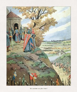Illustration of Philip II of France offering his crown to the most valiant by Job published in the late 19th century.