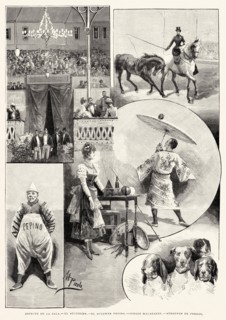 The Colón Circus was a circus installed in the Plaza de Alonso Martínez, in the city of Madrid (Spain), designed by the architect Emilio Muñoz in 1889. Spain. Old XIX century engraved illustration fro...