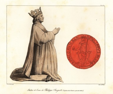 Figure and seal of Philip II, Philip Augustus, King of France, 1165-1223, from the Abbaye de la Victoire. Statue et Sceau de Philippe Auguste (Eglise de la Victoire pres de Senlis). Handcoloured litho...