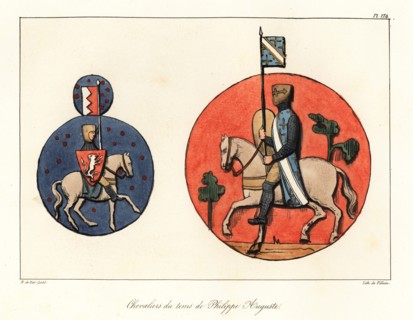 Knights of the time of King Philip II of France, 1165-1223. Knights in helm, tunic, chain-mail hauberk, with shield and banner with coat of arms. Chevaliers du tems de Philippe Auguste. Handcoloured l...
