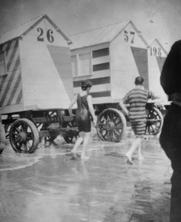 Beach at Scheveningen with dressing cabins in Hollandnear the Hague.