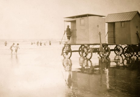 Beach at Scheveningen with dressing cabins in Hollandnear the Hague.