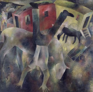 Fairground carriage with acrobat, painting, Tinus van Doorn, 1930, canvas, oil paint, painted, Carrier: 148 × 148cm 1480 × 1480mm, With frame: 153.2 × 153.2 × 4cm 1532 × 1532 × 40mm, animal, carriage,...