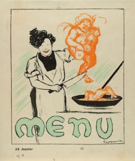 Leonetto Cappiello, menu, paper, lithography, total: height: 27,4 cm; width: 23 cm, signed: in the printing plate: Cappiello, illustrations, caricatures/spot pictures, cook, woman, butcher, butcher, c...