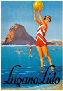 Lugano-Lido. Artist unknown. Restored vintage poster published in 1925 in Switzerland.