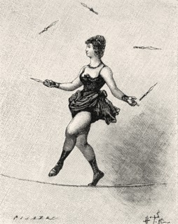 Strength and skill, young girl juggling on a wire at Champs-Elysees circus, Paris. France. Old 19th century engraved illustration from La Nature 1885