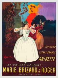 A turn of the 20th century advertising poster by Leonetto Cappiello (1875-1942), showing three French people holding bottles of liqueurs made by Marie Brizard and Roger including curacao, anisette and...
