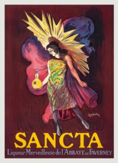 A turn of the 20th century advertising poster by Leonetto Cappiello (1875-1942), for the French Sancta Liqueur Merveilleuse de l'Abbeye de Faverney.