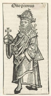 Emperor Otto I the Great, Otto primus (title on object), Liber Chronicarum (series title), A king with imperial apple and scepter, full-length. The depiction is part of the sequence of emperors in the...