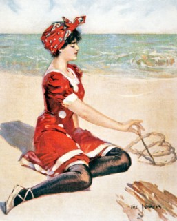 1910s WOMAN SITTING ON BEACH DRAWING DOUBLE HEARTS IN SAND WEARING FASHIONABLE RED BATHING COSTUME ILLUSTRATION BY THE KINNEYS - kr132314 NAW001 HARS DOUBLE JOY LIFESTYLE OCEAN FEMALES COPY SPACE FULL...