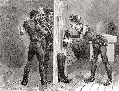 Mending a man cut into pieces, trick of the fairy tale Les Pilules du diable at the Chatelet theater in Paris, France. Old 19th century engraved illustration from La Nature 1890