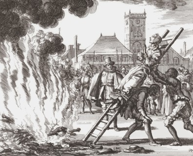 A witch condemned to be burned alive in 16th century Holland.  After a 17th century work by Jan Luyken.