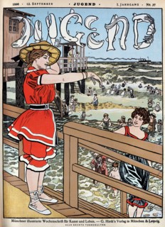 Jugend, Beautiful women in swimwear on vacation at the seaside, holiday, swimming, Victorian, Jugendstil Art Nouveau, 19th Century art