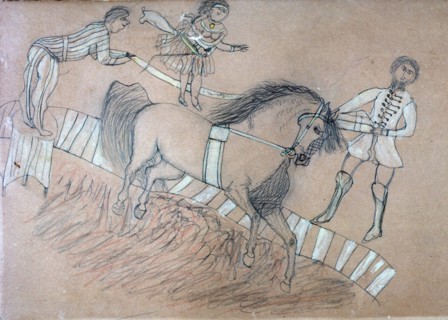 Historic drawing by American Indian of circus performers